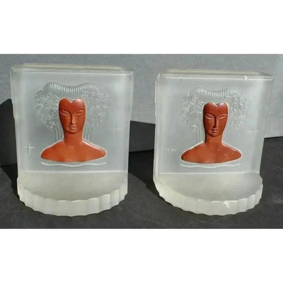 Pair Vintage Frosted Glass Art Deco Art Nouveau Girl Decor Bookend Bookends - Picture 1 of 8